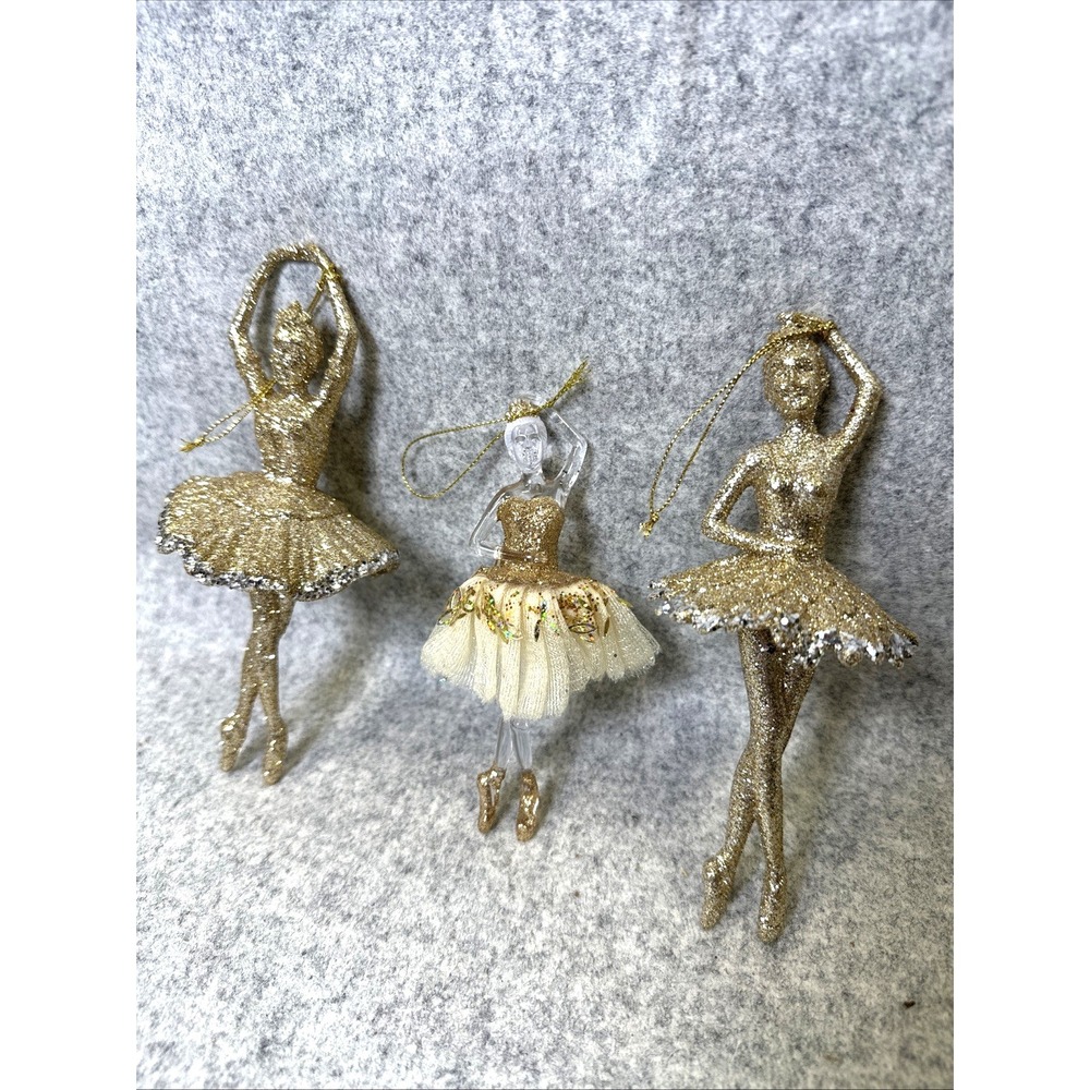 Christmas Ornaments Ballerina Dancer Princess Sequin Golden Tutu Set Of 3